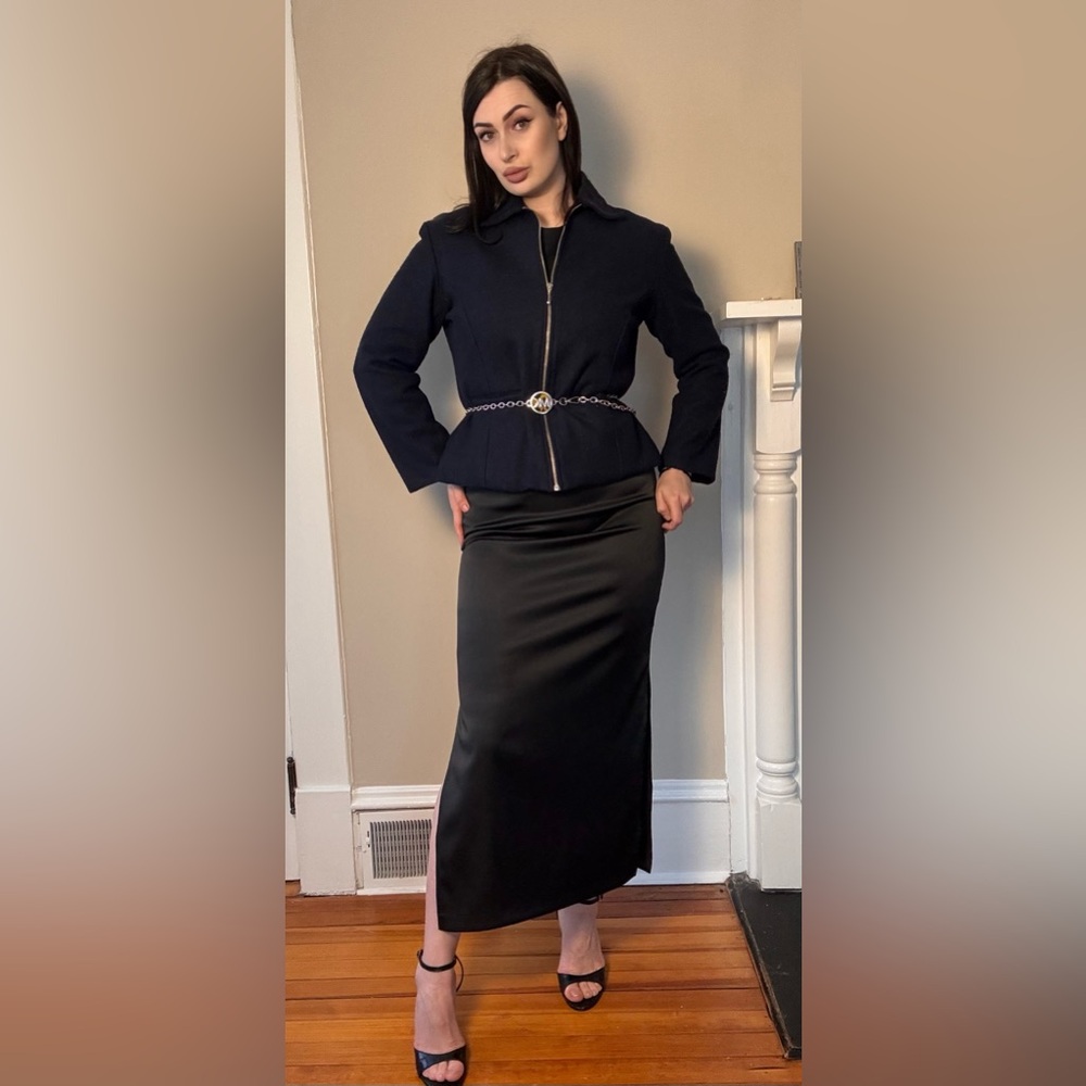 Angee Wool Blend Cropped Jacket Navy Blue Zip Front Tailored Blazer Size 6/8